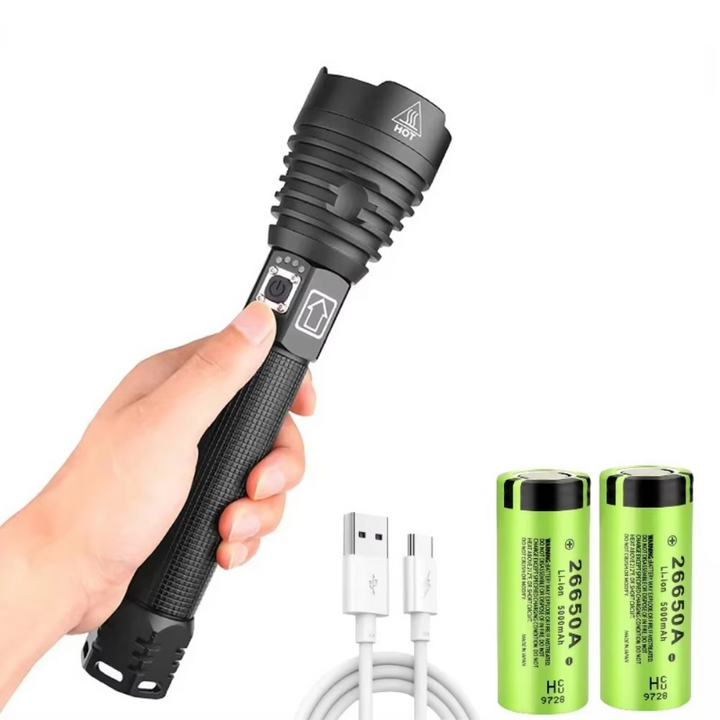 Høy-effekt LED taktisk lommelykt, USB oppladbar, zoombar lysstråle, 5 lysmodus, vanntett, passer 26650 batteri Luvikno