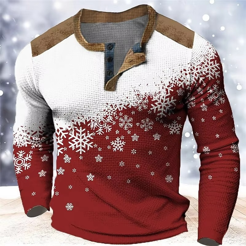 Christmas Snøfnugg Gradient 3D Print Henley Skjorte for Menn Luvikno