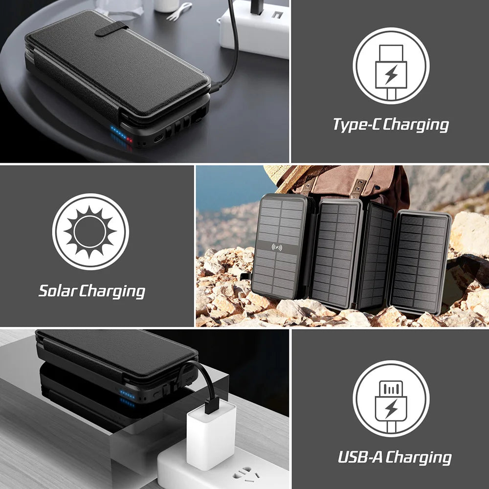 Luvikno | Solar Powerbank VoltCore X Pro 43800mAh | 20W Rask Lading | 10W Trådløs Lading | Integrerte Kabler & LED Lampe | Utendørs & Reiser