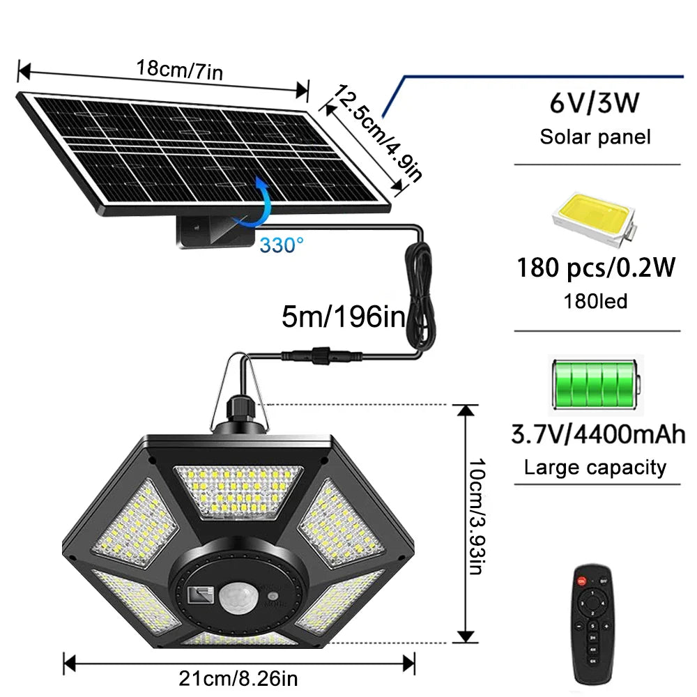 Luvikno | SolarHalo | 228 LED Soltaklampe | 360° Lysvinkel | Med Fjernkontroll & Bevegelsessensor | 4400mAh Batteri