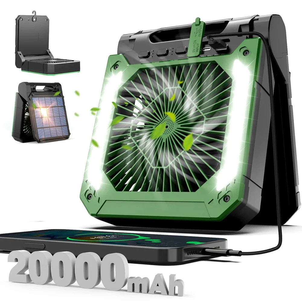 20000mAh Bærbar Elektrisk Vifte med LED Lys — USB, Sol & Bil Lading for Camping | Luvikno