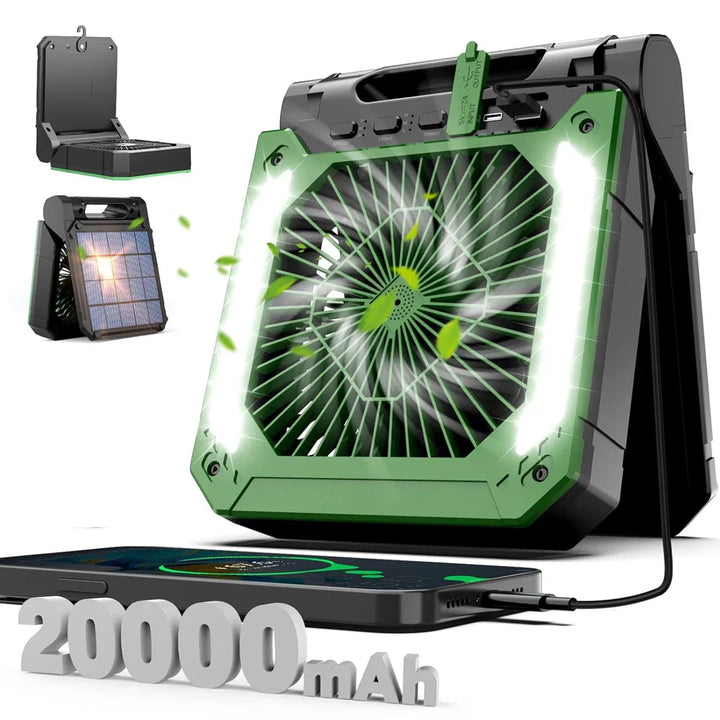 20000mAh Bærbar Elektrisk Vifte med LED Lys — USB, Sol & Bil Lading for Camping | Luvikno