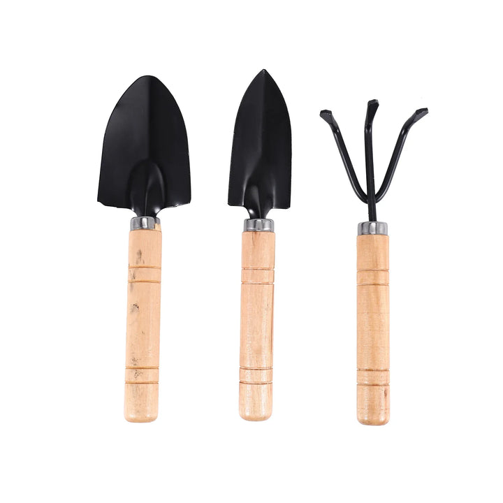 Luvikno | Planturio Mini Hageverktøysett 3-delt | Spade, Spade & Rive | Trehåndtak & Metallhode | For Bonsai & Stueplanter