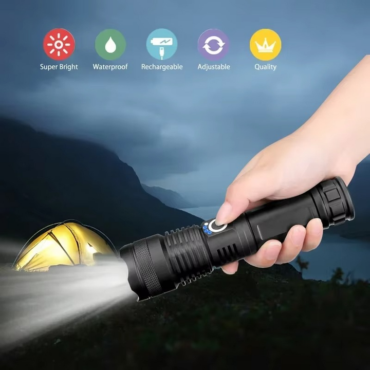 Høy-effekt LED taktisk lommelykt, USB oppladbar, zoombar lysstråle, 5 lysmodus, vanntett, passer 26650 batteri Luvikno