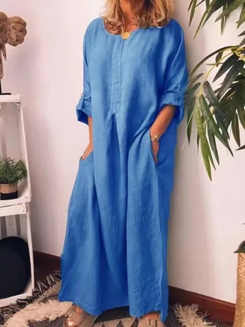 Luvik | Vintage Puuvilla Pellava Pitkä Mekko