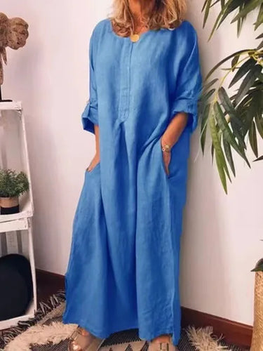 Luvik | Vintage Puuvilla Pellava Pitkä Mekko