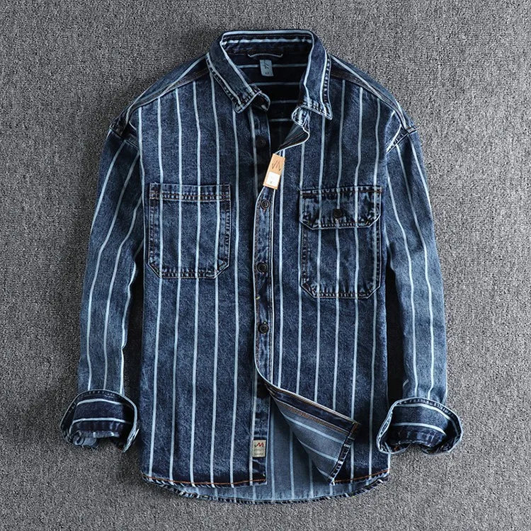 Luvik | Raidallinen Denim Takki Läpivienneillä Taskuilla
