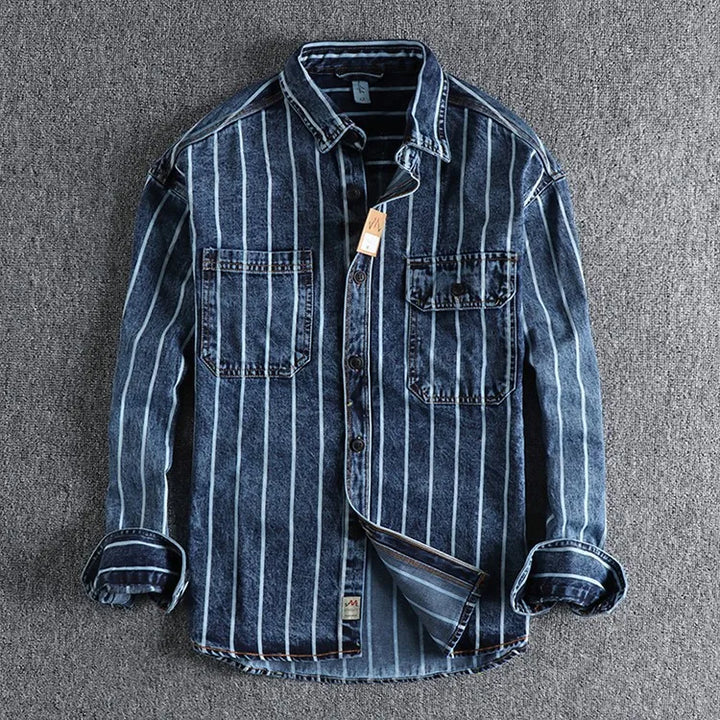Luvik | Raidallinen Denim Takki Läpivienneillä Taskuilla