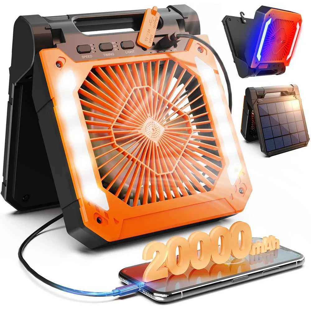 20000mAh Bærbar Elektrisk Vifte med LED Lys — USB, Sol & Bil Lading for Camping | Luvikno