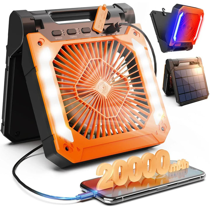 20000mAh Bærbar Elektrisk Vifte med LED Lys — USB, Sol & Bil Lading for Camping | Luvikno