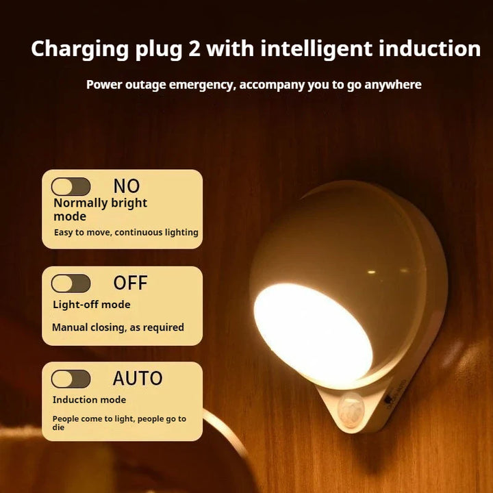 Luvikno | Intelligent LED Nattlys GlowMate 360 | 360° Rotérbar | Bevegelsessensor | USB Oppladbar