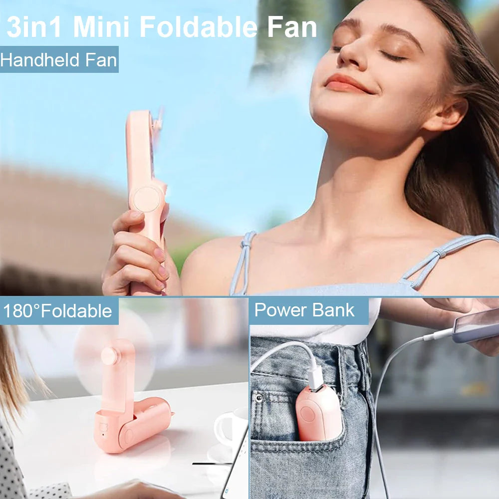 Bærbar mini håndholdt USB-vifte – Oppladbar sammenleggbar lommevifte med batteri, kjølevifte og strømbank-funksjon | Luvikno