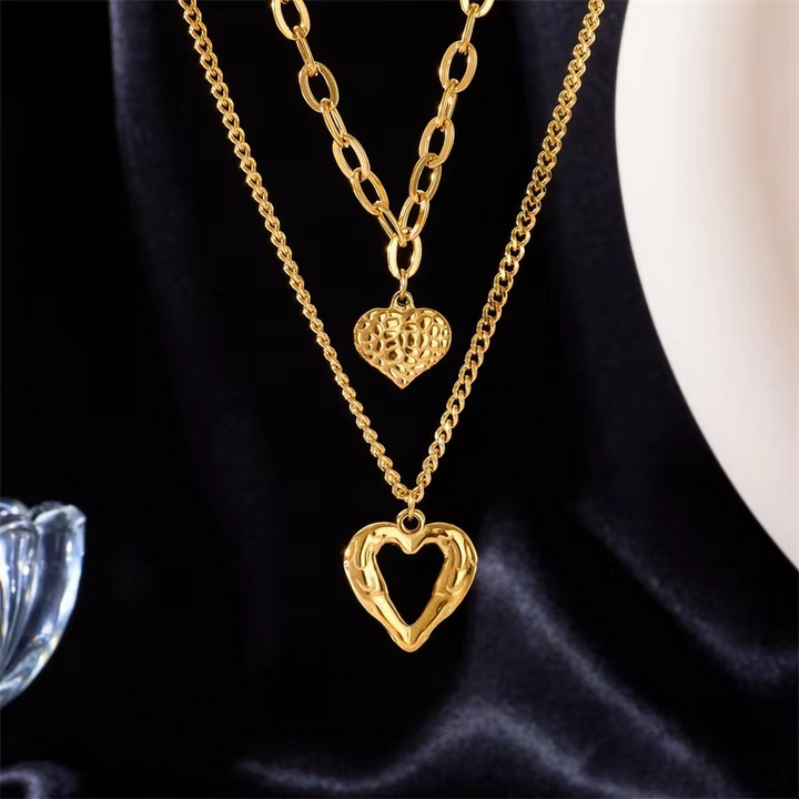 Chic Double-Layer Heart & Cuban Link Chain Choker Necklace Luvikno