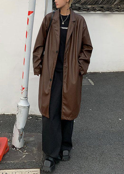 Luvik | Peter Pan kauluksen ruskea nappi tekonahkainen takki miehille