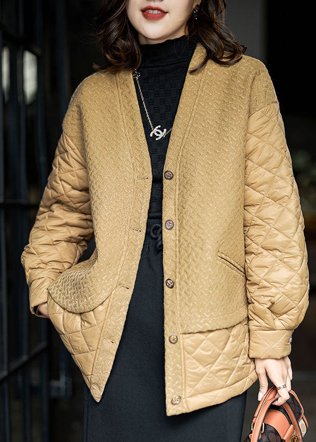 Luvik | Khaki V-kotelo Patches Hienoa Puuvillaa Täytetty Talvitakit Naisille