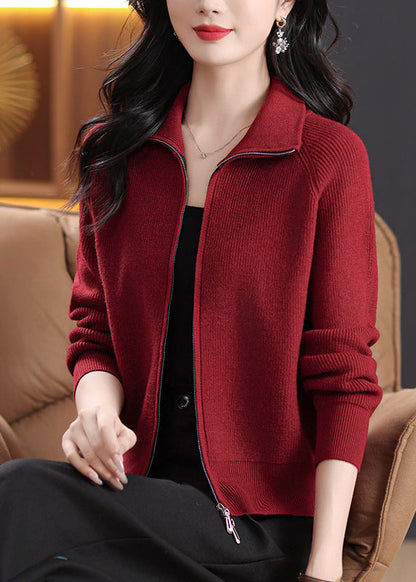 Luvik | Yksivärinen punainen neulottu puuvillatakki, jossa on lyhyet lanternimaiset hihat