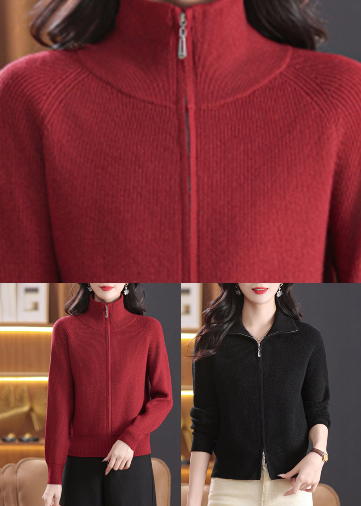 Luvik | Yksivärinen punainen neulottu puuvillatakki, jossa on lyhyet lanternimaiset hihat