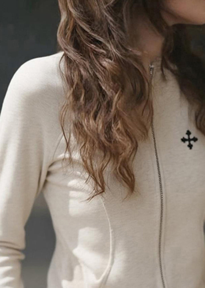 Luvik | Fit Beige O-Hals Rund Glidelås Patchwork Jakker Fra Bomull