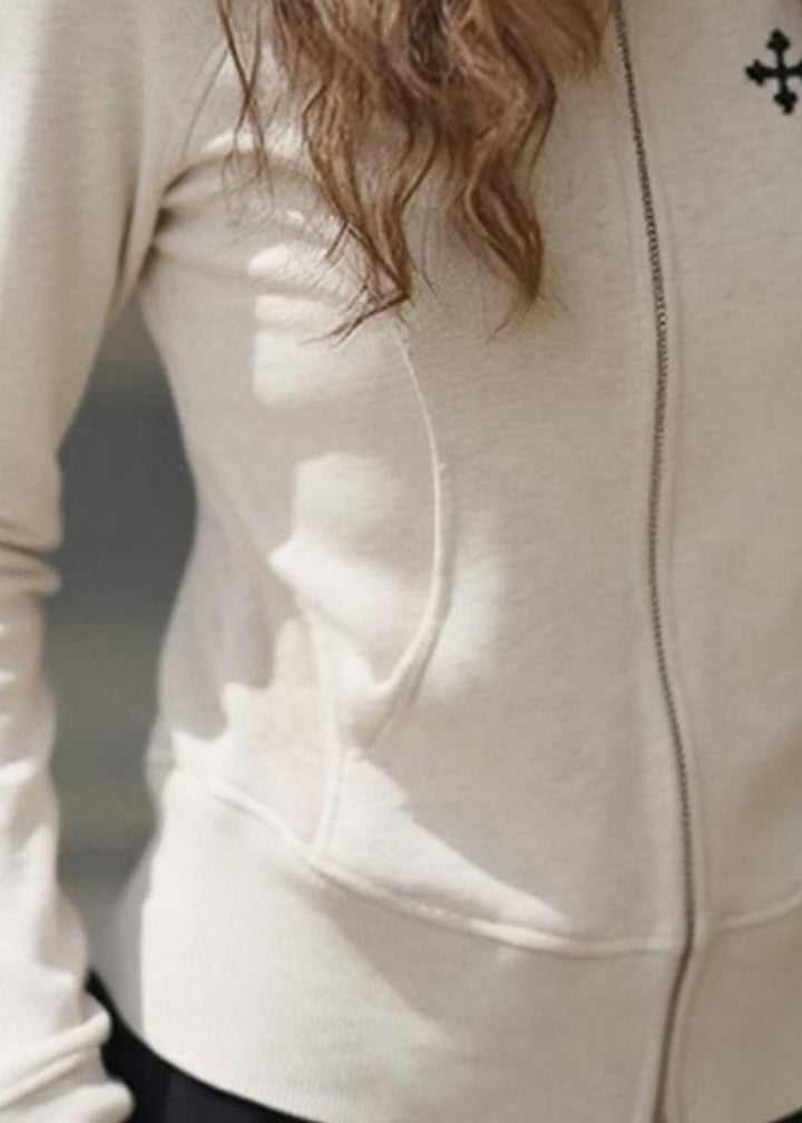 Luvik | Fit Beige O-Hals Rund Glidelås Patchwork Jakker Fra Bomull