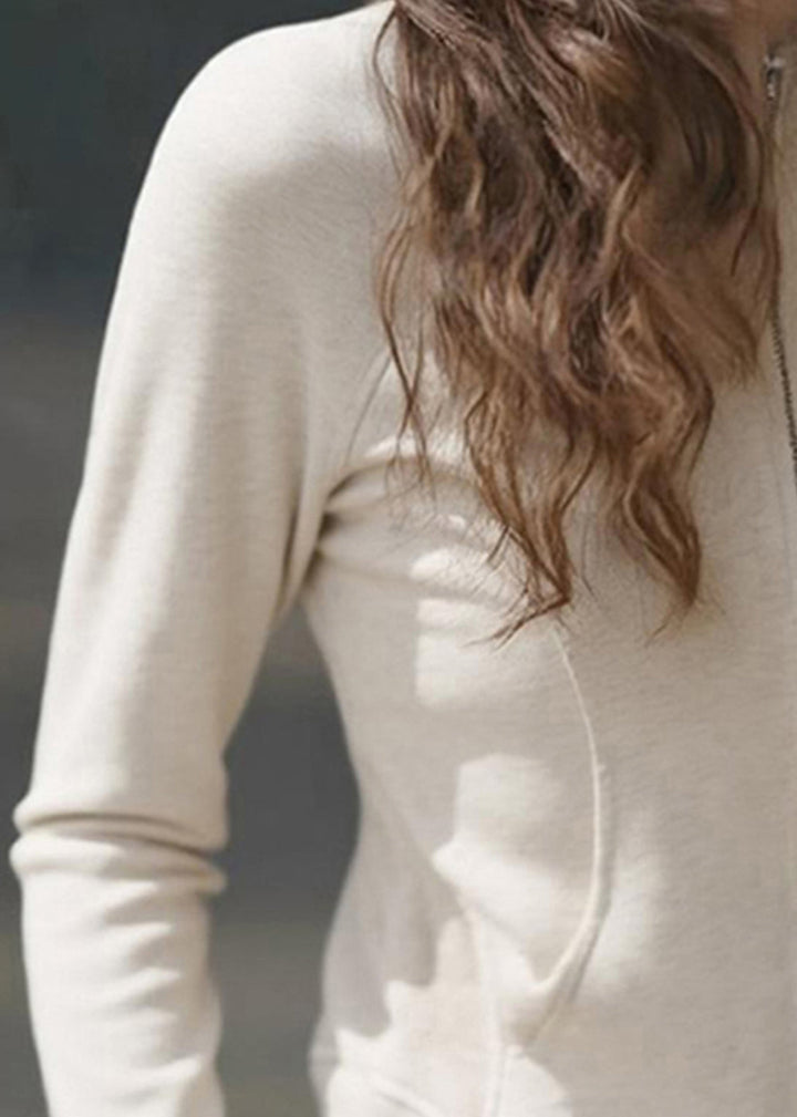 Luvik | Fit Beige O-Hals Rund Glidelås Patchwork Jakker Fra Bomull