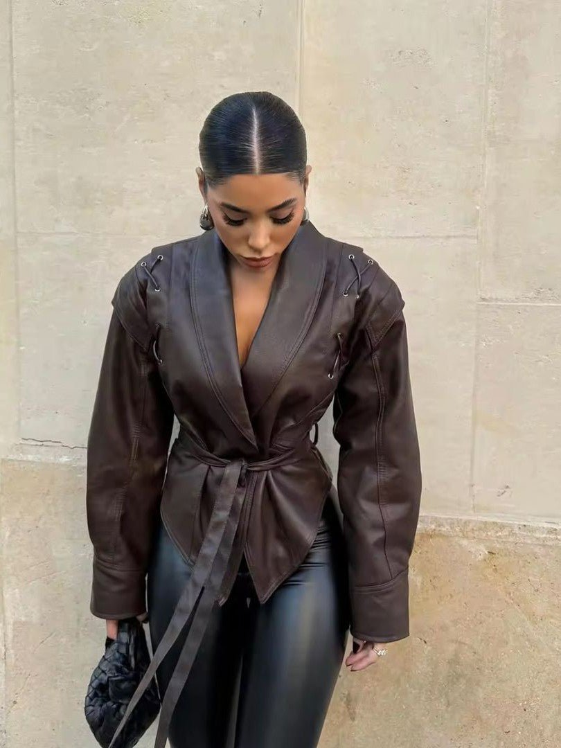 Luvik | Nahka Nauhapidike Kauluspusero Takki