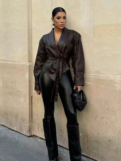 Luvik | Nahka Nauhapidike Kauluspusero Takki