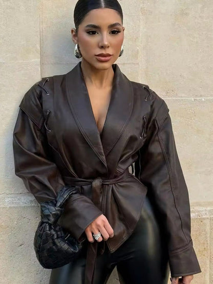 Luvik | Nahka Nauhapidike Kauluspusero Takki