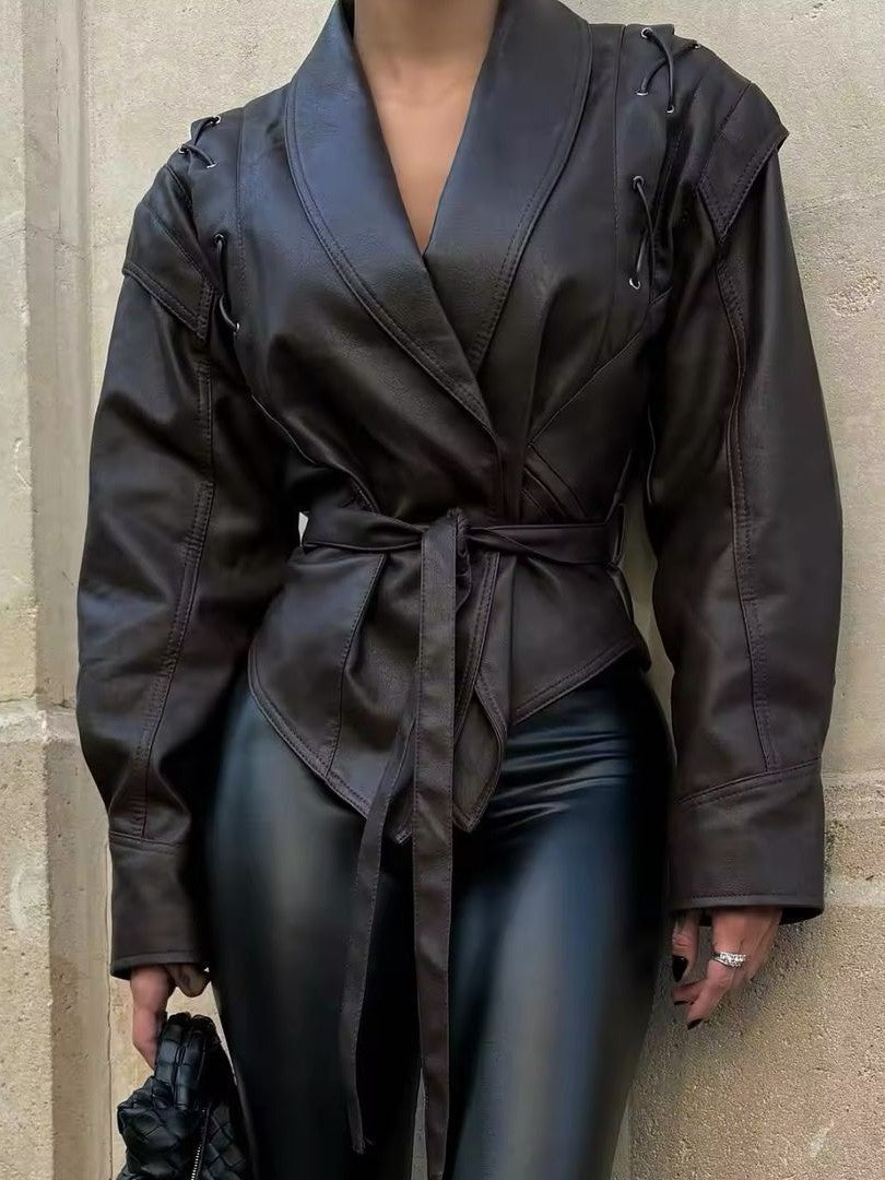 Luvik | Nahka Nauhapidike Kauluspusero Takki