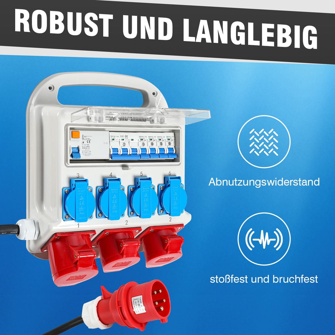 Strømfordeler RCD 2 x CEE 400V/16A + 4 x 230V Schuko 5 pol | Luvikno
