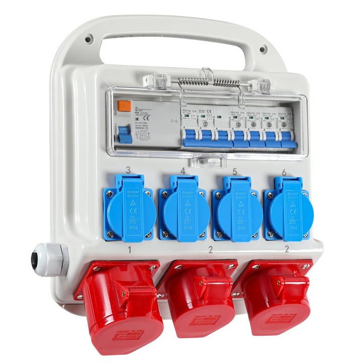 Strømfordeler RCD 2 x CEE 400V/16A + 4 x 230V Schuko 5 pol | Luvikno