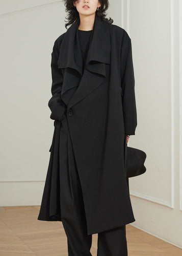 Luvik | Peter Pan krage svart trench-coat maxi med lommer