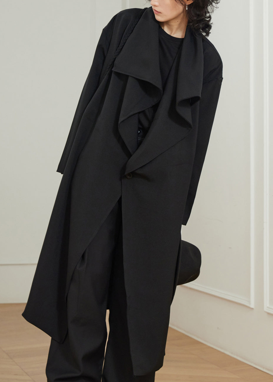 Luvik | Peter Pan krage svart trench-coat maxi med lommer