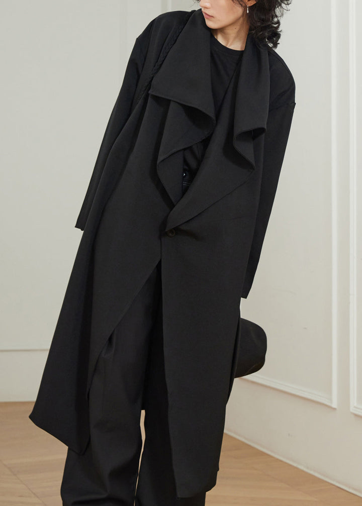 Luvik | Peter Pan krage svart trench-coat maxi med lommer
