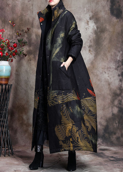 Luvik | Villakangas toppatakit ohuita puuvillaa suurilla printtipusseilla mustalla korkealla kauluksella talvi