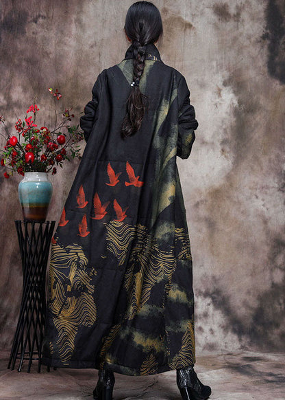 Luvik | Villakangas toppatakit ohuita puuvillaa suurilla printtipusseilla mustalla korkealla kauluksella talvi