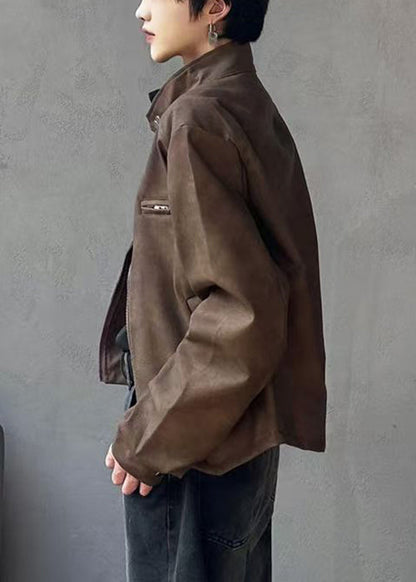 Luvik | Keinoturkismanttelit miehille, joissa on korkea kaulus ja ruskea vetoketju