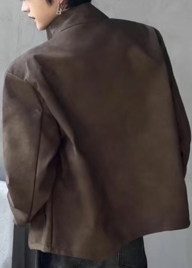 Luvik | Keinoturkismanttelit miehille, joissa on korkea kaulus ja ruskea vetoketju