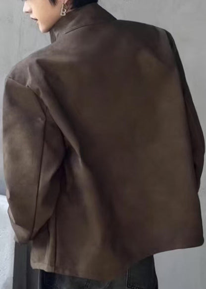 Luvik | Keinoturkismanttelit miehille, joissa on korkea kaulus ja ruskea vetoketju