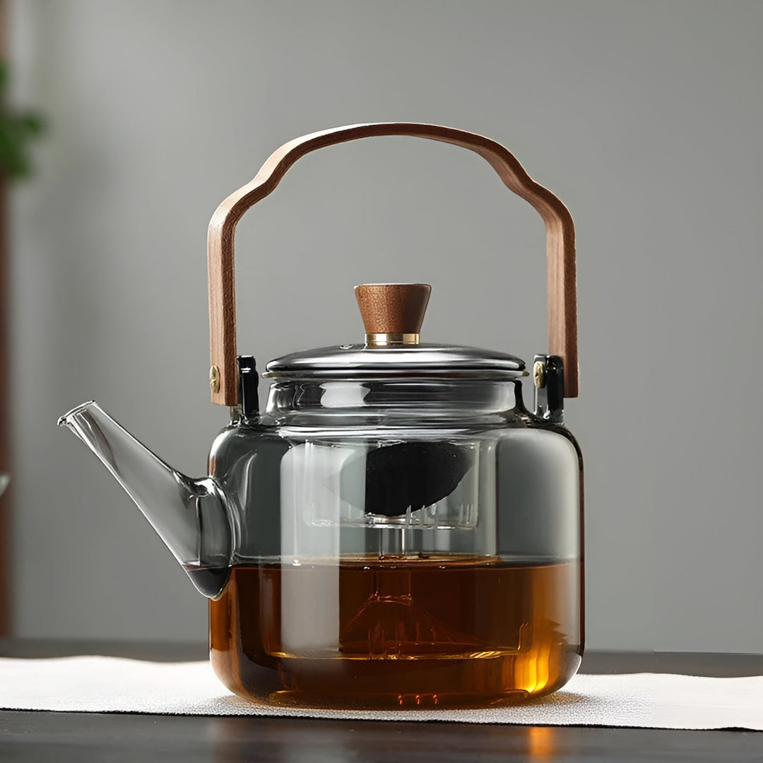 Glass tekanne med trelokk og sil - Elegant design | 1,2 L røykgass for stilfull te nytelse | Luvikno