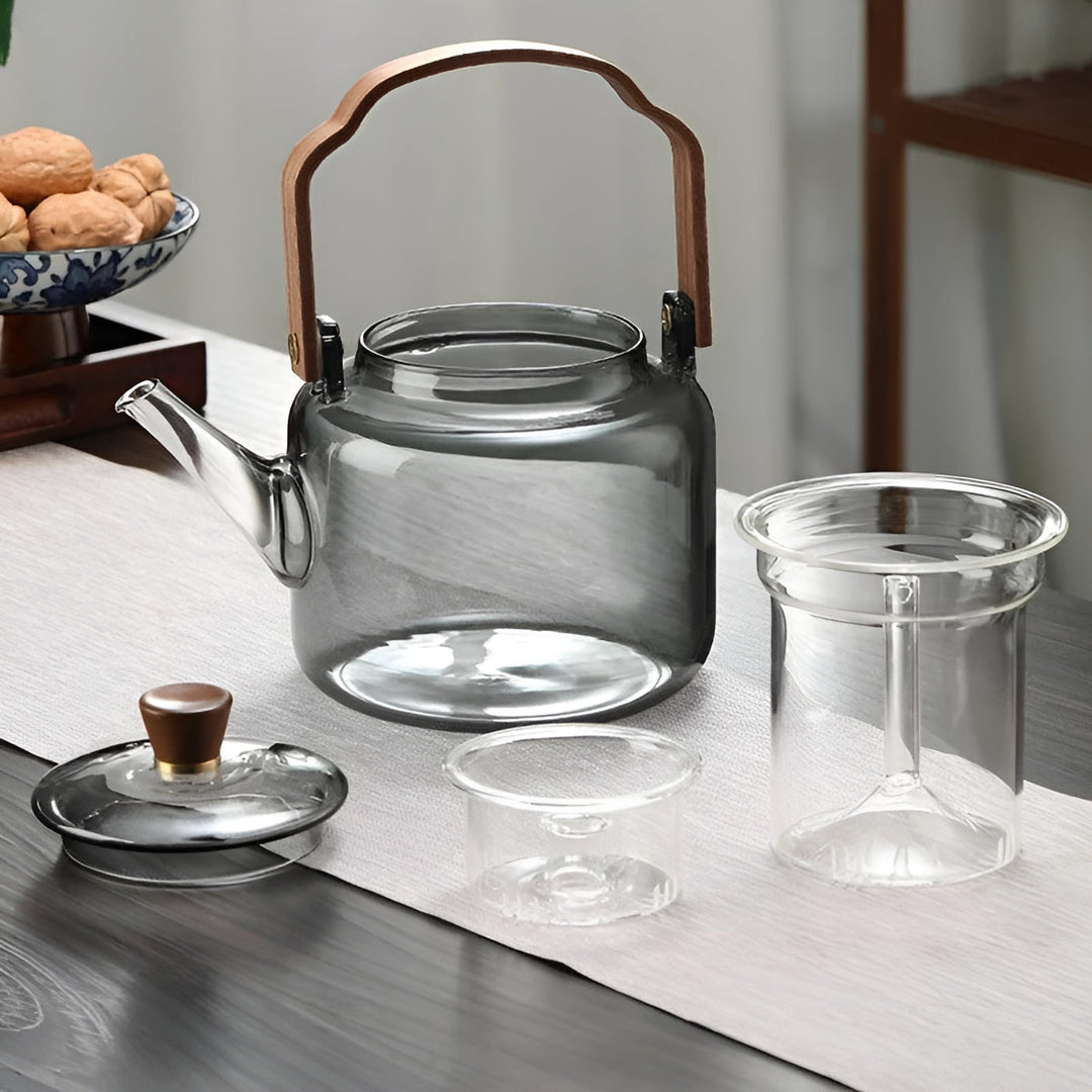 Glass tekanne med trelokk og sil - Elegant design | 1,2 L røykgass for stilfull te nytelse | Luvikno