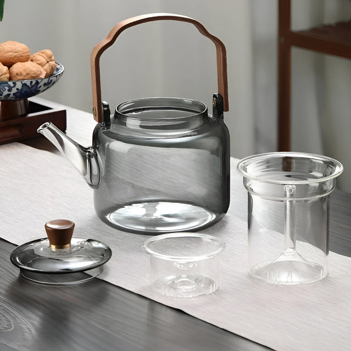 Glass tekanne med trelokk og sil - Elegant design | 1,2 L røykgass for stilfull te nytelse | Luvikno