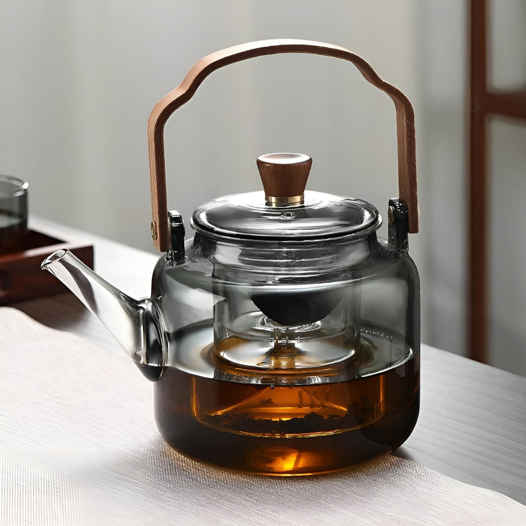 Glass tekanne med trelokk og sil - Elegant design | 1,2 L røykgass for stilfull te nytelse | Luvikno
