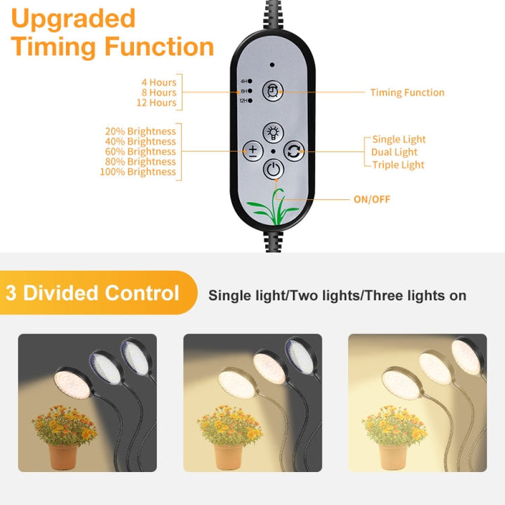 Luvikno | LED Plantevekstlampe USB Fjernkontroll Klips Vanntett Fullt Spektrum Naturlig Hvit Frøplante Lys, Effekt: 45W Tre Hoder