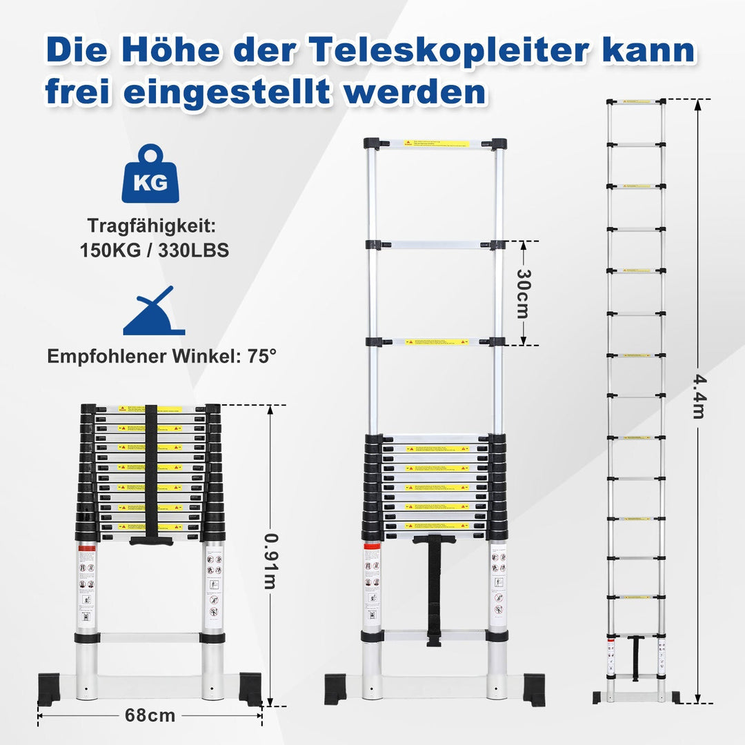 Teleskopisk stige Aluminium Belastning kapasitet opp til 150kg 2.6m-5m med stabilisator | Luvikno