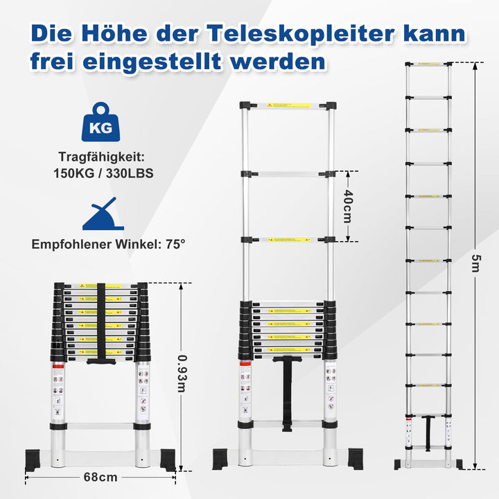 Teleskopisk stige Aluminium Belastning kapasitet opp til 150kg 2.6m-5m med stabilisator | Luvikno