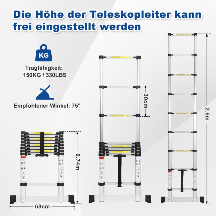 Teleskopisk stige Aluminium Belastning kapasitet opp til 150kg 2.6m-5m med stabilisator | Luvikno