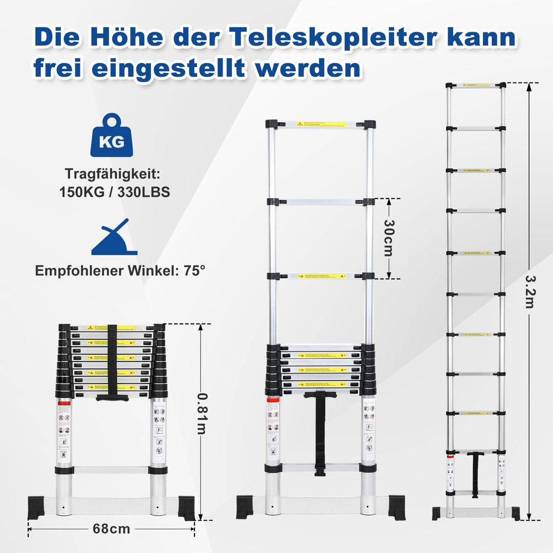 Teleskopisk stige Aluminium Belastning kapasitet opp til 150kg 2.6m-5m med stabilisator | Luvikno