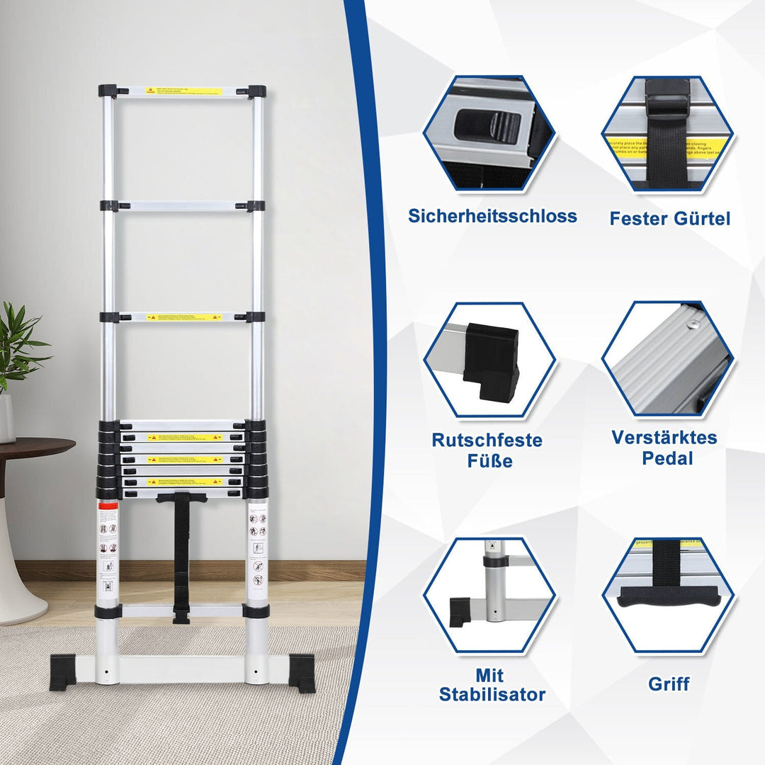 Teleskopisk stige Aluminium Belastning kapasitet opp til 150kg 2.6m-5m med stabilisator | Luvikno