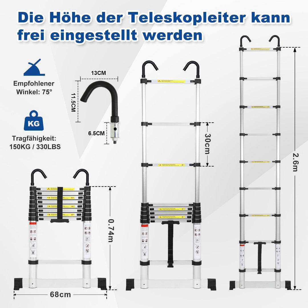 Telescopisk stige med 2 avtakbare kroker med stabilisator | Luvikno