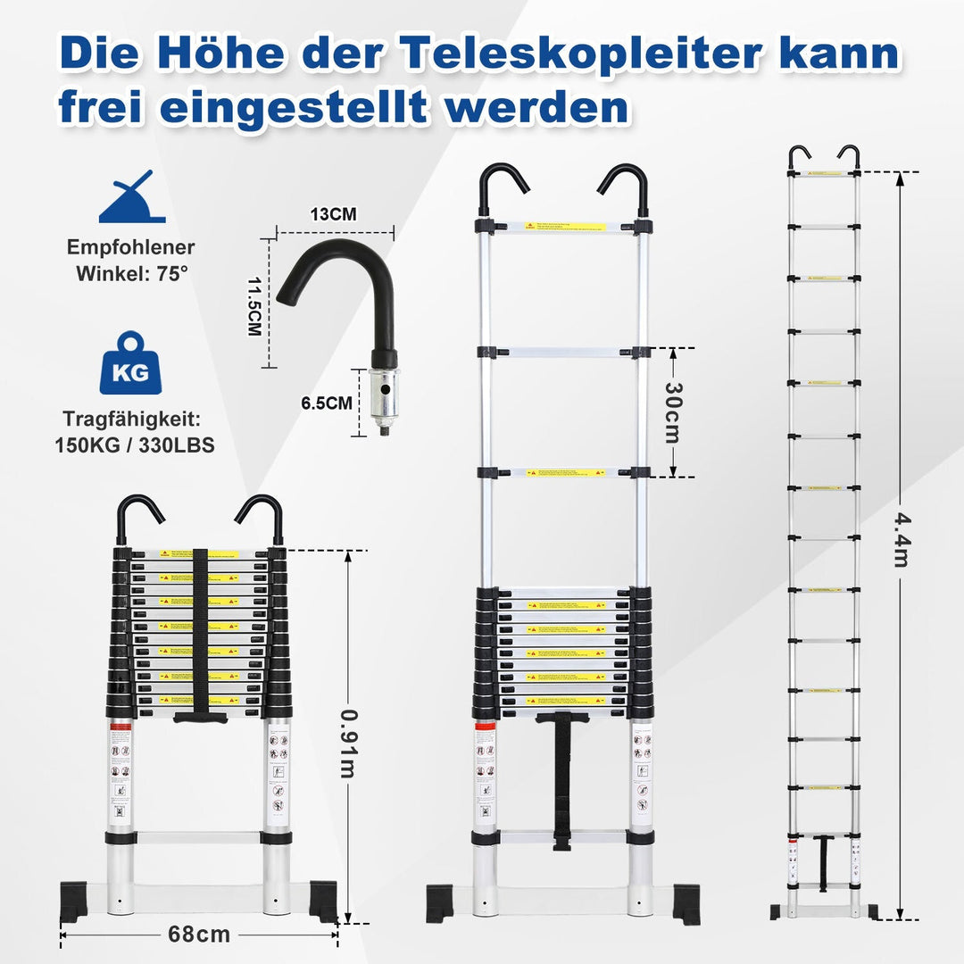 Telescopisk stige med 2 avtakbare kroker med stabilisator | Luvikno